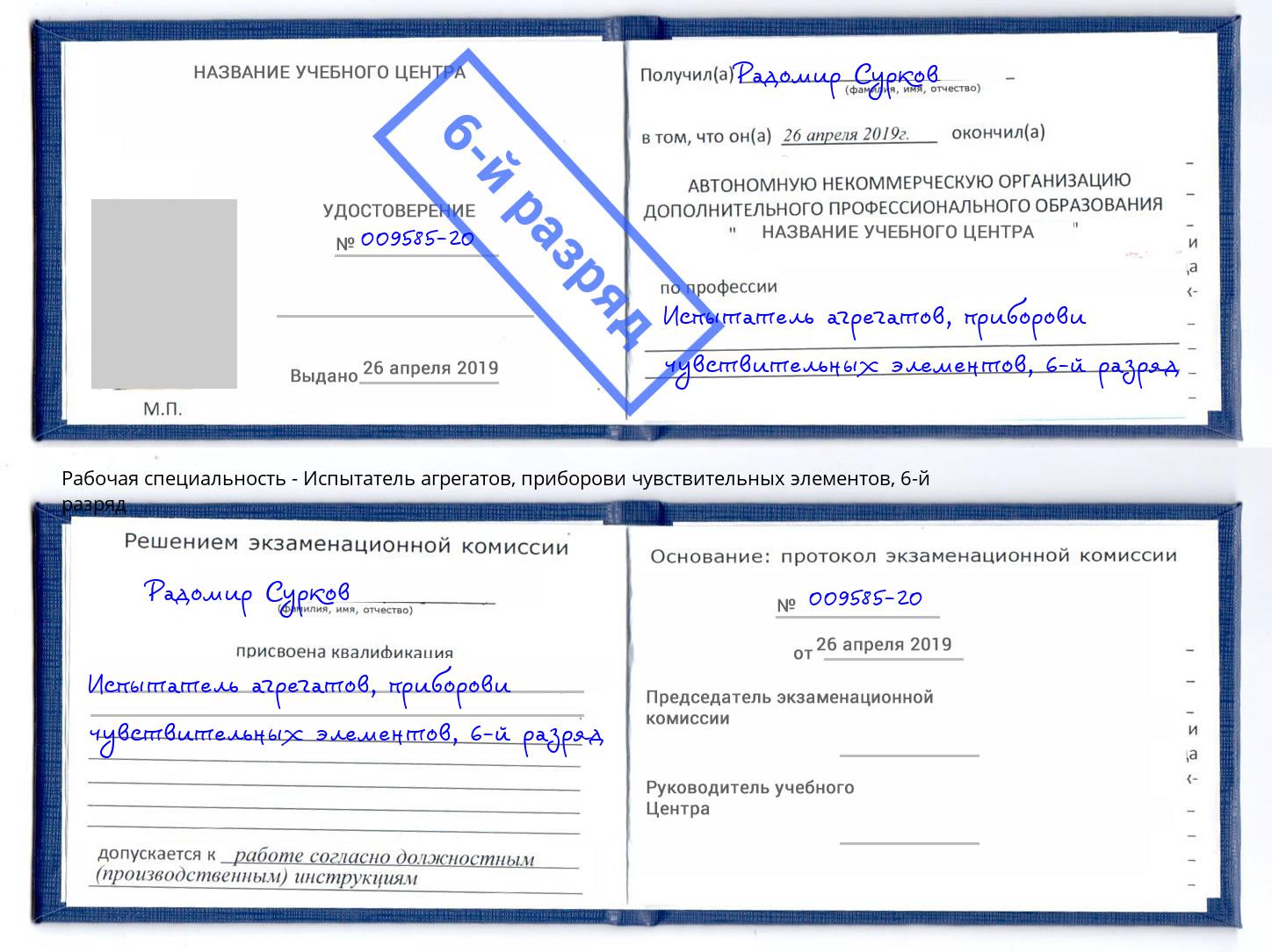 корочка 6-й разряд Испытатель агрегатов, приборови чувствительных элементов Белово