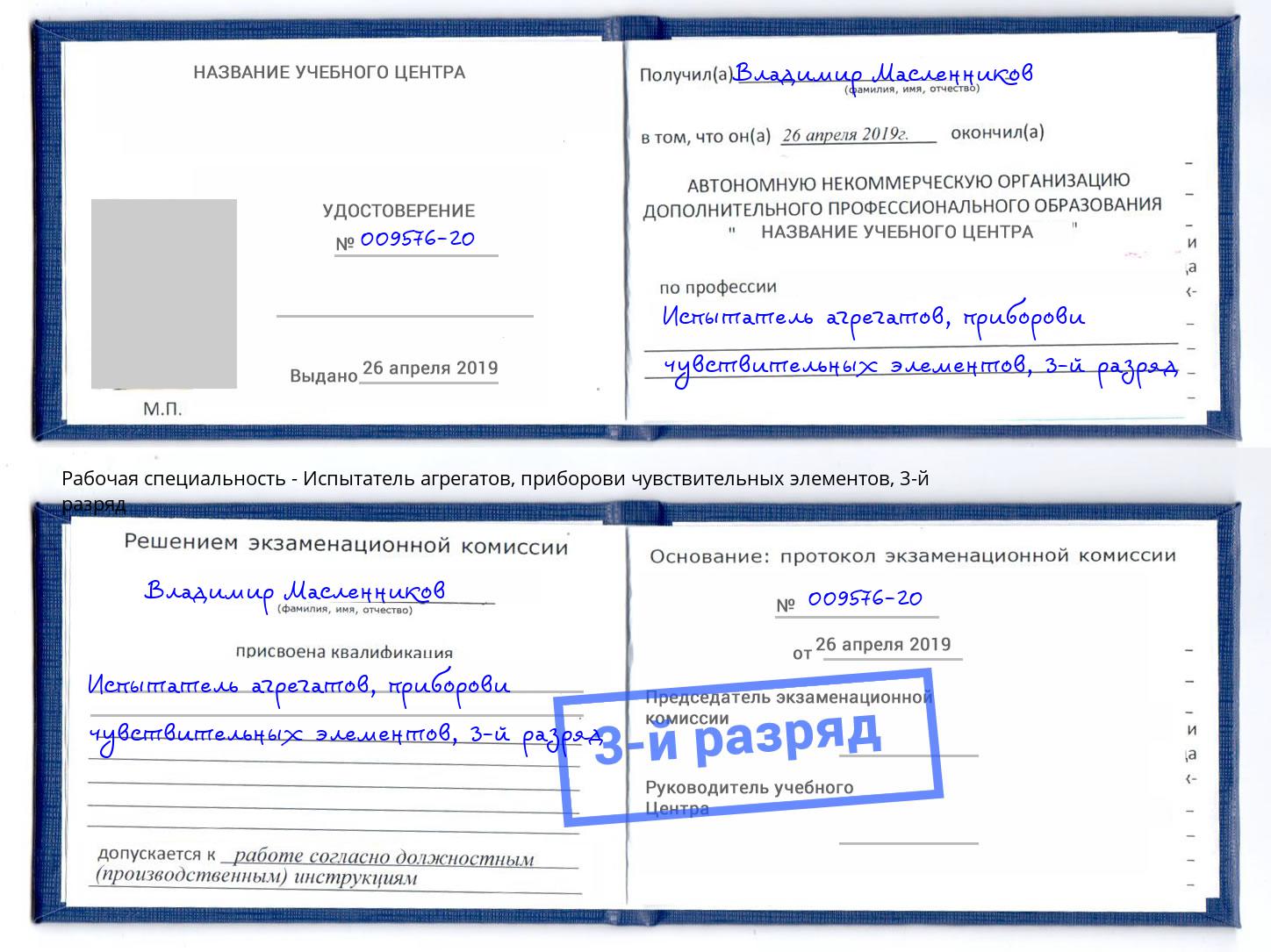 корочка 3-й разряд Испытатель агрегатов, приборови чувствительных элементов Белово