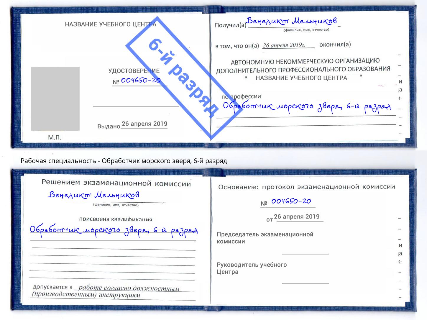 корочка 6-й разряд Обработчик морского зверя Белово
