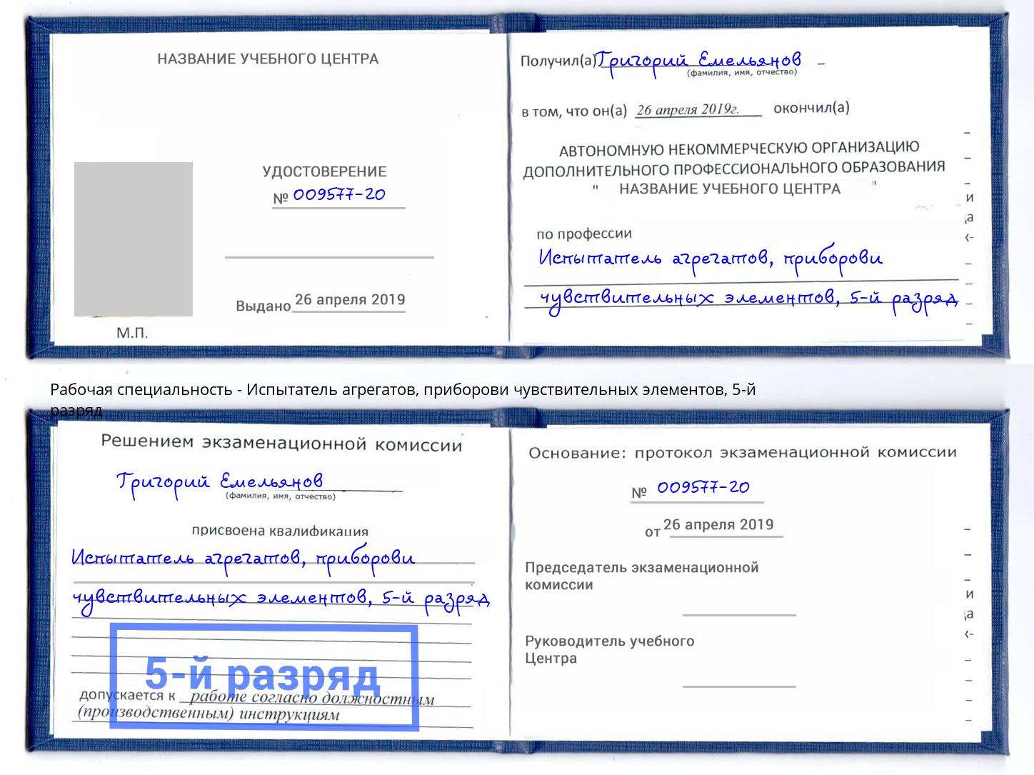 корочка 5-й разряд Испытатель агрегатов, приборови чувствительных элементов Белово