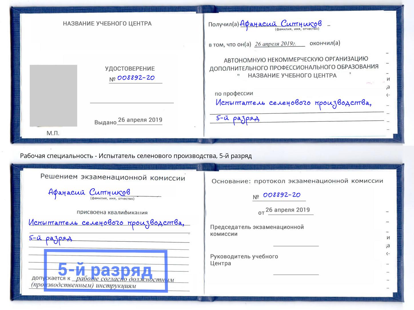 корочка 5-й разряд Испытатель селенового производства Белово